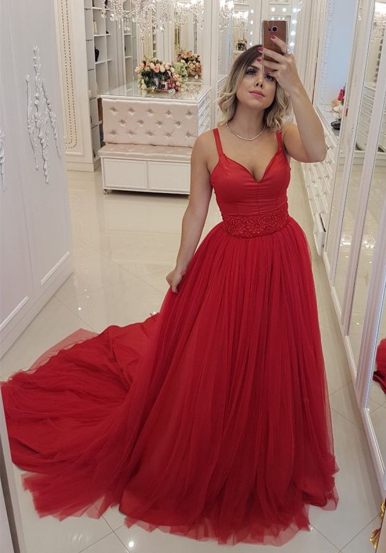 Sexy Red V-Neck Evening Dress | 2021 Mermaid Tulle Prom Dress