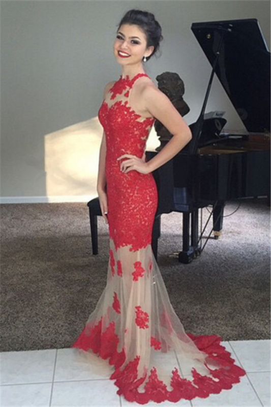 Elegant Red Lace Tulle Long Prom Gowns Popular Apllique Sweep Train Evening Dress