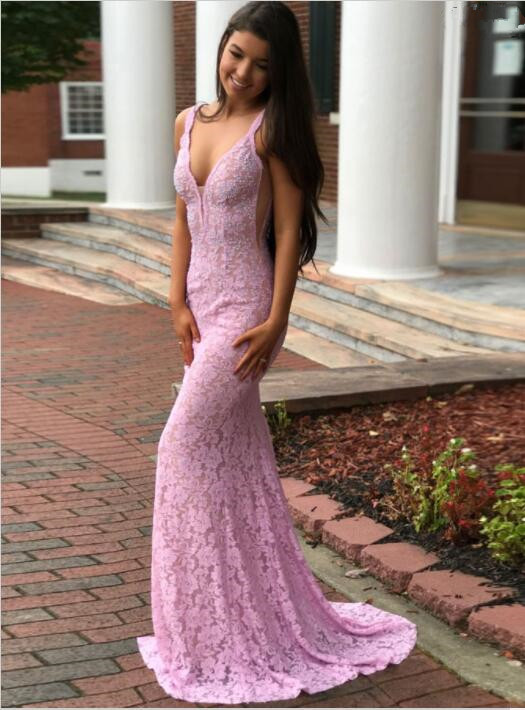 Elegant Pink Straps Sleeveless Lace Open Back Prom Dress
