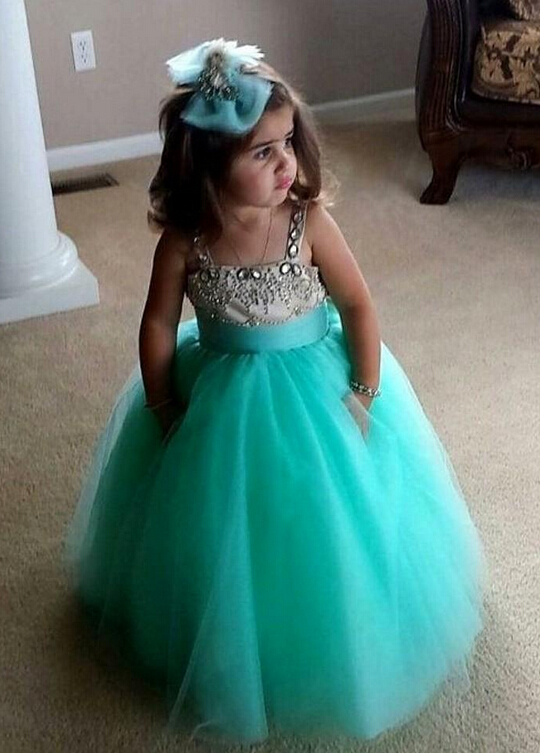 Straps Crystals Tulle Flower Girl Dress Cute Long Girl's Pageant Dress