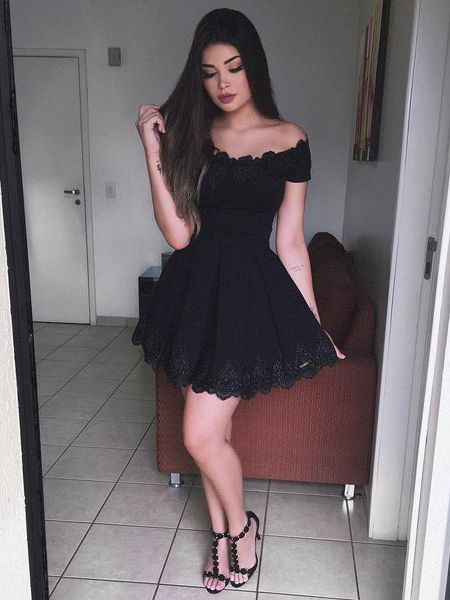 New Black Lace Off the Shoulder Short Homecoming Dress