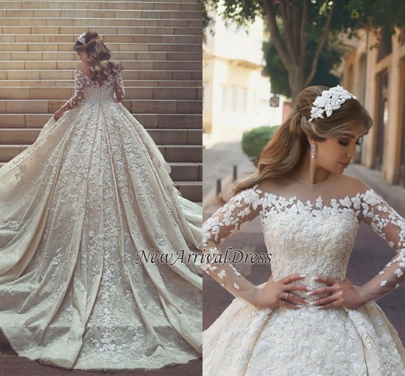 See Through Tulle Appliques Ivory Wedding Dresses | Long Sleeve Bridal Gowns with Cathedral Train