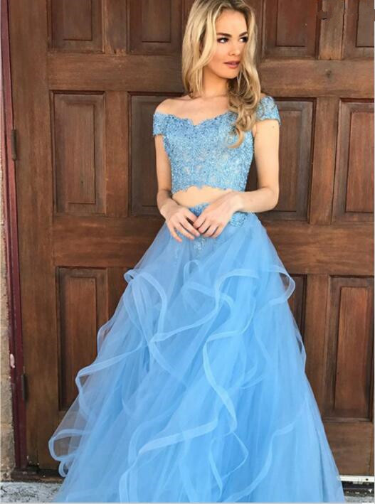 Modest Blue Two Piece Two Piece Off-the-shoulder Ruffles Prom Dress