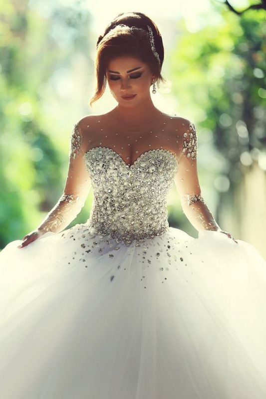 Sweetheart Crystalss Ball Gown Wedding Dress  See Through Long Sleeve -up Princess Chapel Train Wedding Gowns