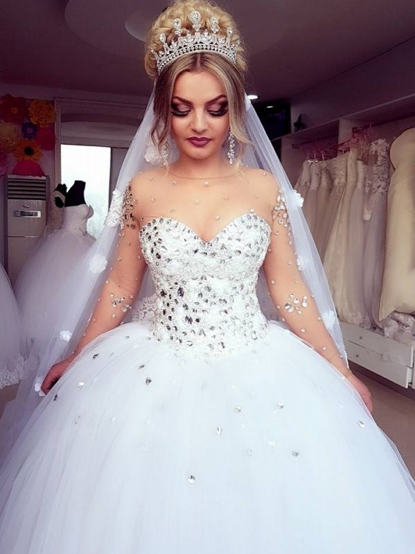 Brilliant Jewel Long Sleeve Crystals Ball Gown Wedding Dresses