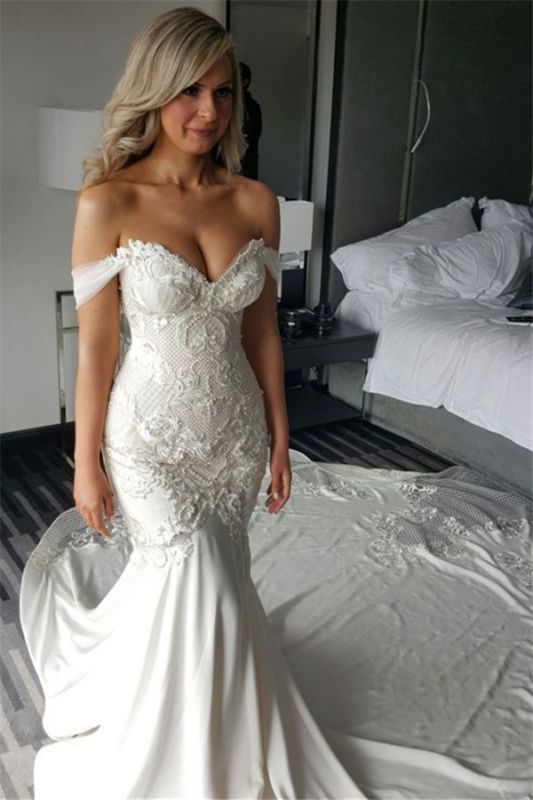 Elegant New Arrival Mermaid Sexy Off The Shoulder Train Beautiful Lace Appliques Wedding Dresses