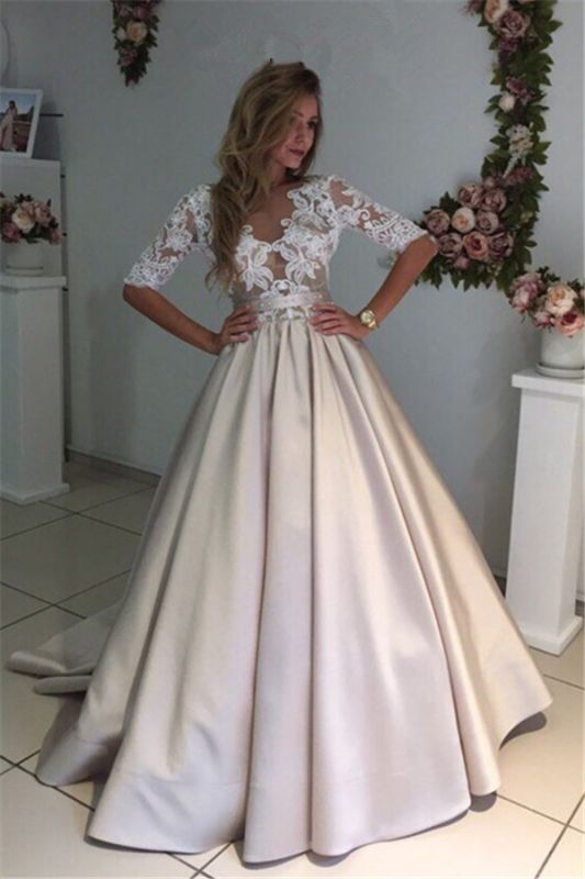 A-Line Half-Sleeves Illusion Lace Puff Custom Made Elegant Wedding Dresses