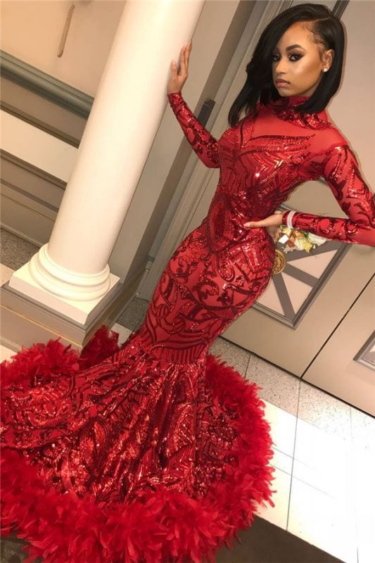Langarm Mermaid Red Prom Dresses Günstige 2021 | Pailletten Applikationen Feder Abendkleid BC1327