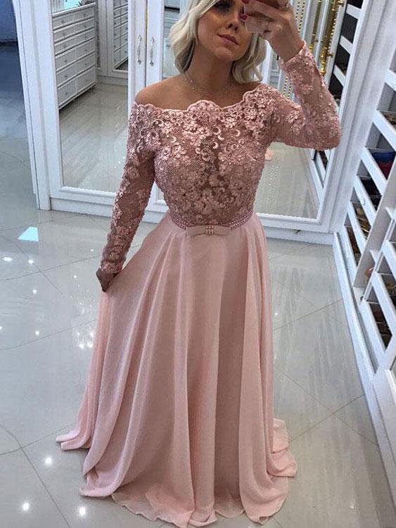 Delicate Lace Appliques A-line Off-the-shoulder- Long Sleeve Prom Dress