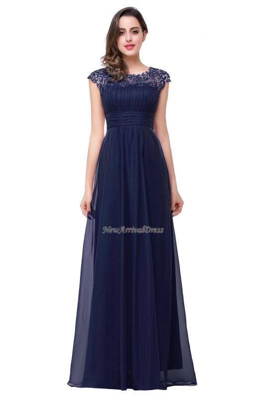 Beaded Chiffon Capped-Sleeves Open-Back Long Lace A-line Party Dresses