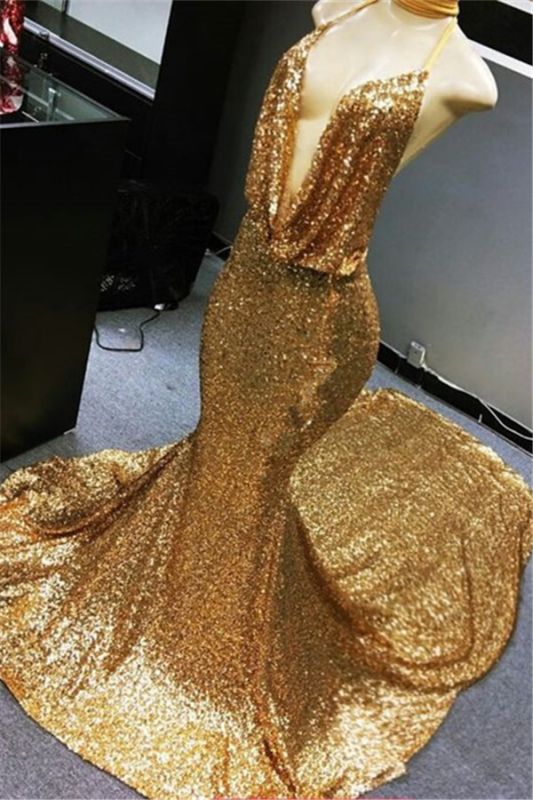 Gold Sequins Formal Dresses | Mermaid Open Back Long Prom Dresses  on Mannequins BC1258