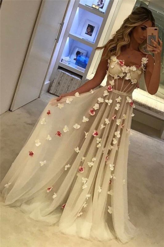 Open Back Flowers Long Prom Dresses  | Spaghetti Straps Sexy Formal Evening Gowns