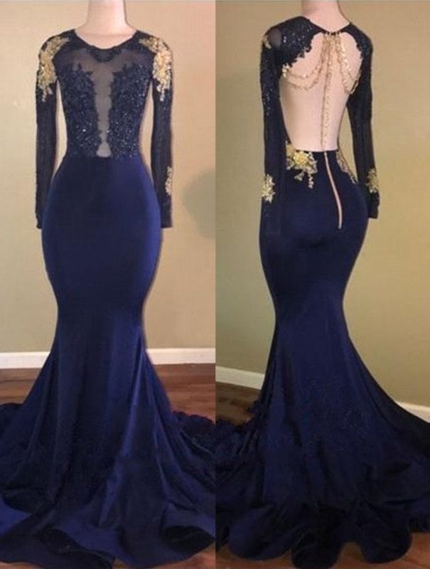 Long Sleeve Sheer Mermaid Gold-Appliques Navy-Blue Long Prom Dresses  | Prom Dresses  Online