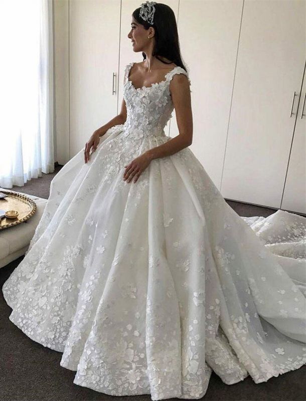 Gorgeous New Arrival Lace Straps Ball Gown Elegant Wedding Dresses | Flowers Bridal Gowns