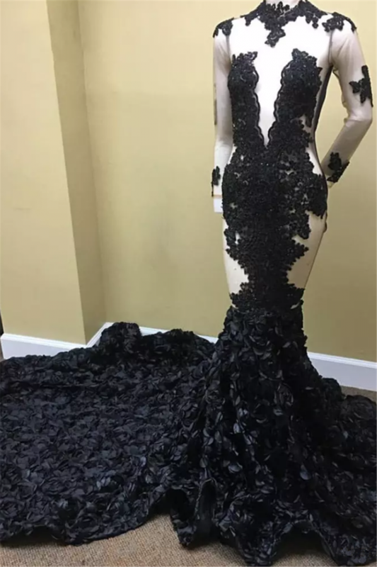 Mangas largas vestidos de fiesta escarpados | Apliques de encaje negro vestidos de noche