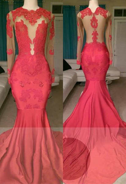 Glamorous Long Sleeve Red Prom Dresses Mermaid With Lace Appliques  BA8522