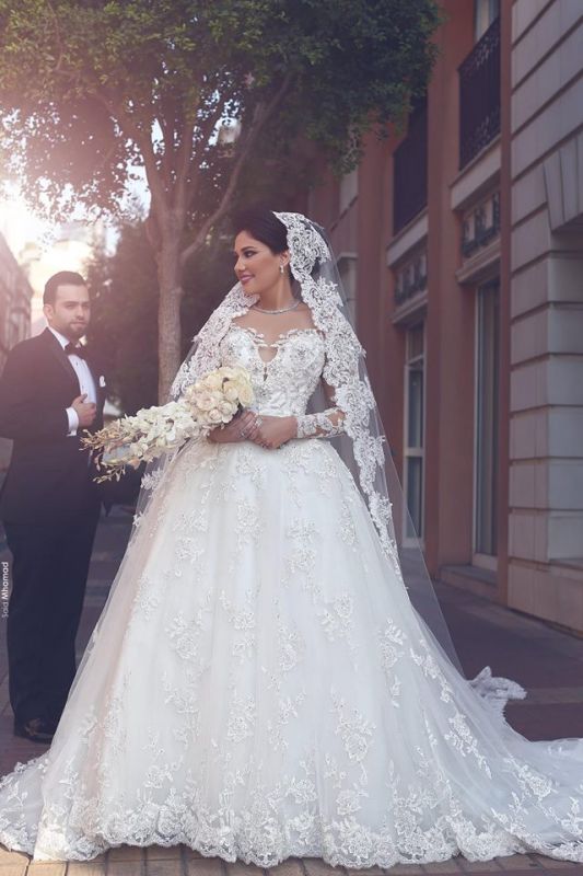 Vestidos de novia elegantes de encaje de manga larga baratos en línea | Vestidos de novia transparentes con forma de bola y cola de catedral