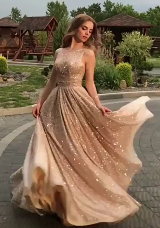 Open Back Champagne Gold Sequins Prom Dresses  | Sleeveless Long  Formal Gowns BC0562