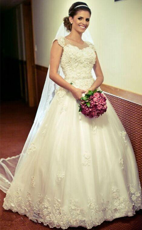 Jewel New Arrival Lace Gown Crystal-Belt Ball Appliques Tulle Cap Sleeve Princess Elegant Wedding Dresses