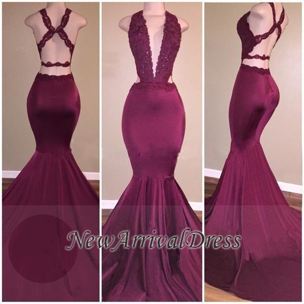 Mermaid Deep V-Neck Beads Cris-cross Back Long Prom Dresses