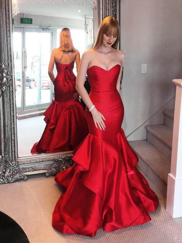 Sweetheart Elegant Red Mermaid Tiered Ruffles Prom Dresses