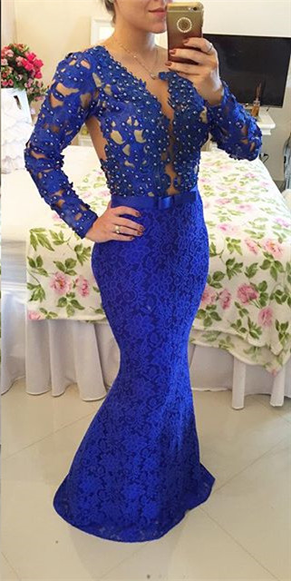 Royal Blue Long Sleeves Lace Evening GownsMermaid Sheer Illusion Prom Dresses