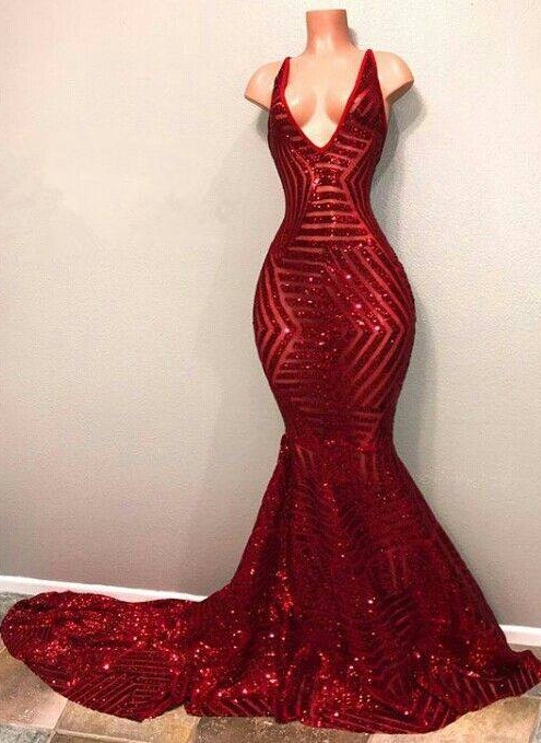 Rouge Brillant V-Neck Paillettes Sirène Longues Robes De Bal Pas Cher | Robes De Bal Sirène Pas Cher