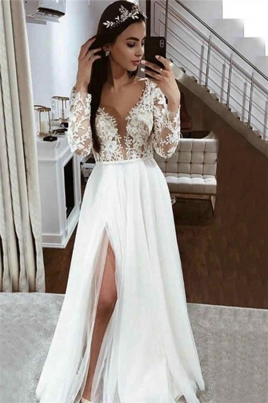 A-line Lace Appliques  Wedding Dresses | V-neck Side Split Long Sleeve Bridal Gowns