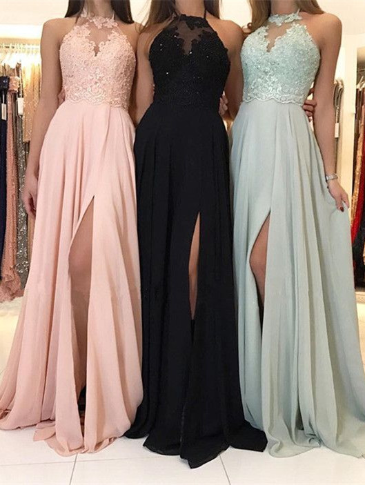 Elegant Halter Lace Evening Dress | 2021 Long Chiffon Prom Dress With Slit