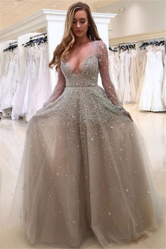 A-line Long Sleeves V-neck Floor-length Tulle Pearls Prom Dresses