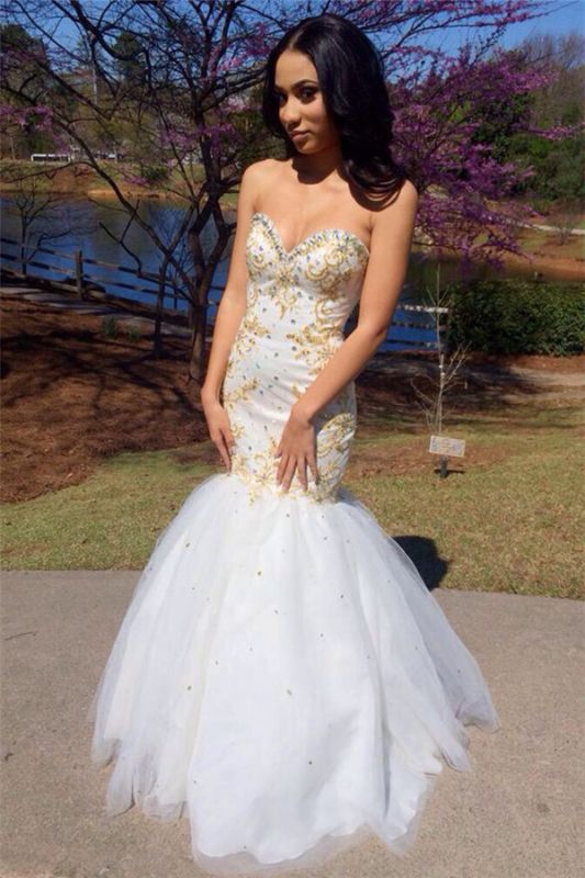 Sweetheart Gold Beading Mermaid Tulle Prom Dresses | Newarrivaldress.com