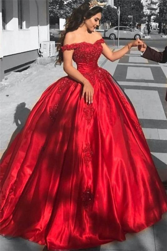 Off-the-Shoulder Ball Gown Red Evening Dress | Lace Prom Dress