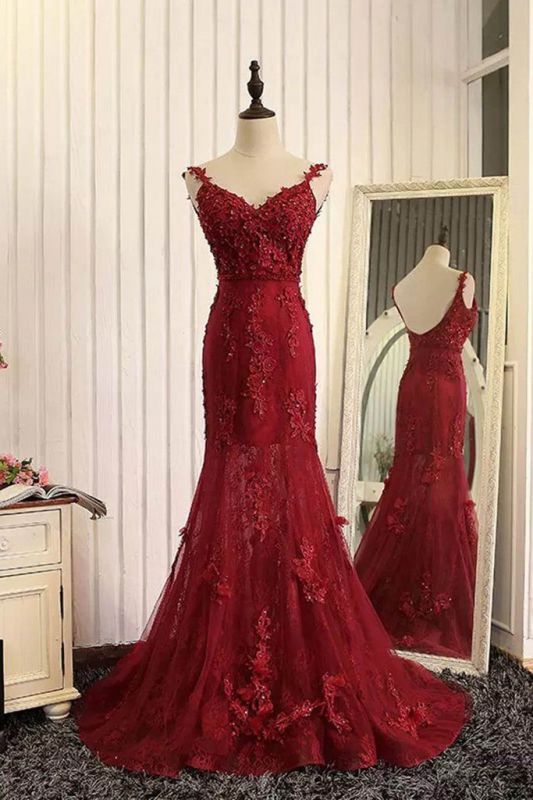 Tulle Mermaid Burgundy Prom Dresses Appliques Open Back Dresses Lace Evening Gowns