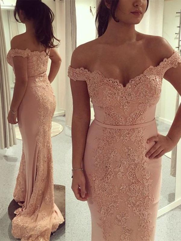 Newest Off-the-shoulder Bodycon Lace Sweep Train Prom Dress