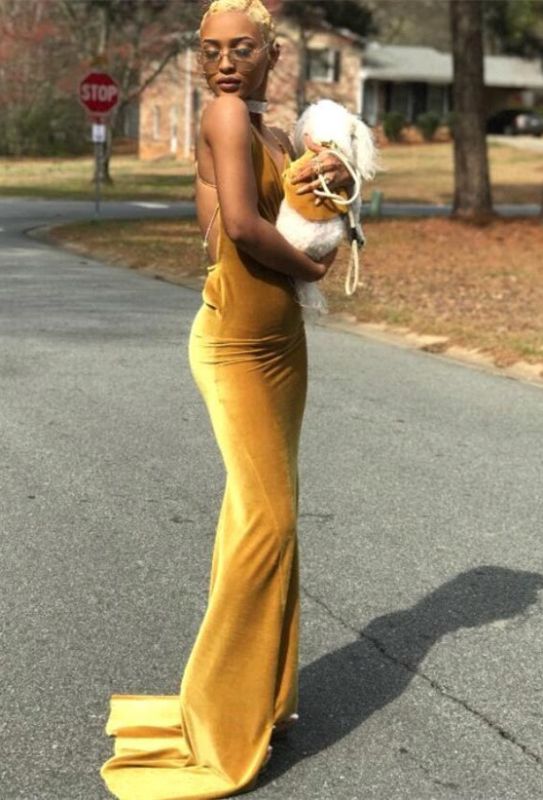 Sexy Gold Bodycon Sleeveless Spaghetti Strap Long Prom Dress