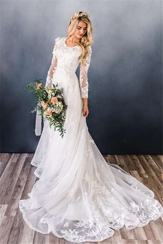 Elegant Appliques A-line Ruffles Wedding Dresses | Lace Long Sleeve Bridal Gowns Online