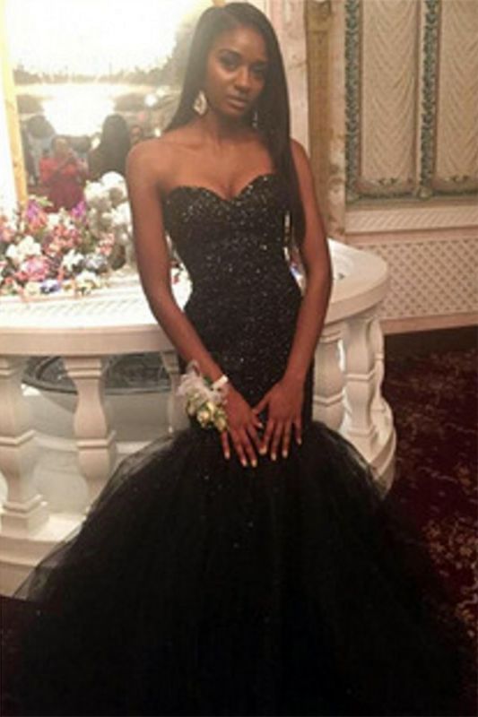 Sweetheart Black Mermaid Tulle Puffy Sequins Amazing Beaded Prom Dress