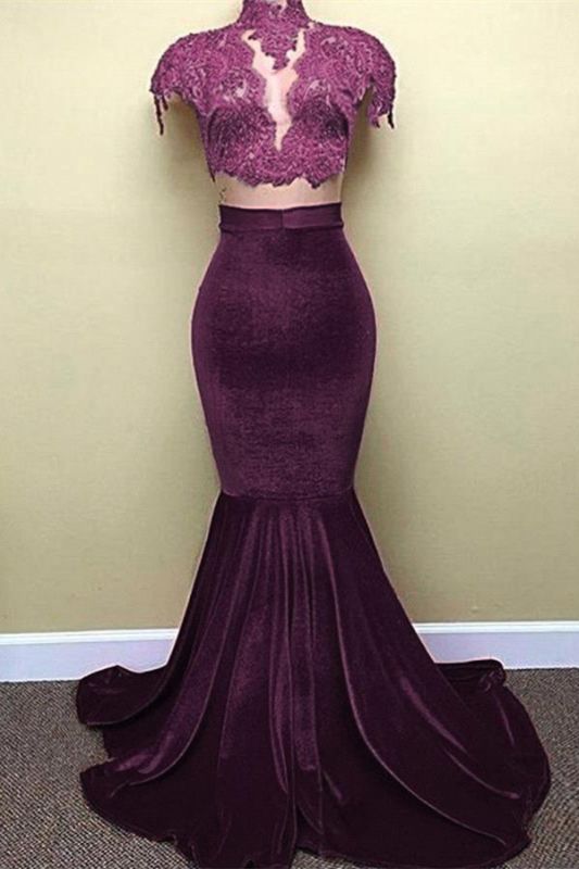 Long Sleeve Mermaid Modest High Neck Lace Appliques Prom Dresses  BA4641