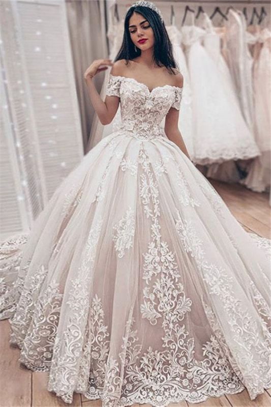 Off The Shoulder Lace Wedding Dress  | Puffy Tulle Ball Gown Princess Bridal Dresses