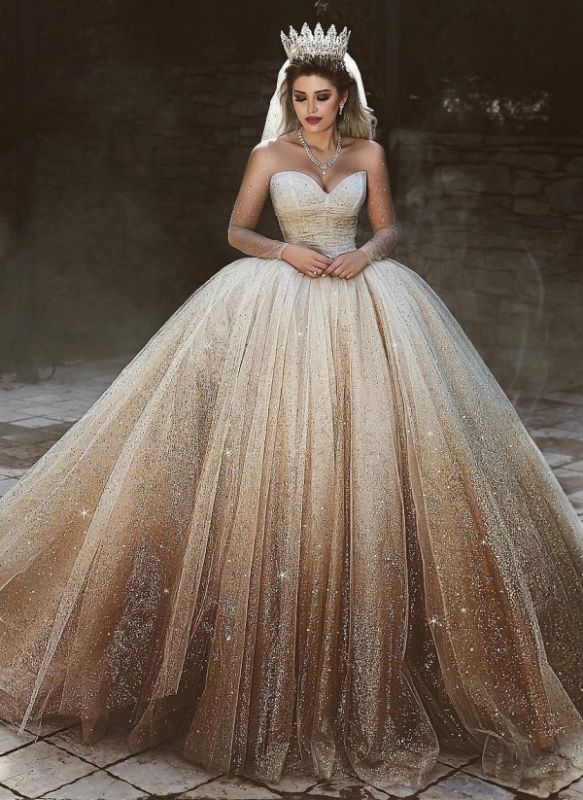 Sparkling Tulle Floor Length Wedding Dresses | Elegant Long Sleeve Bridal Dresses with Sequins