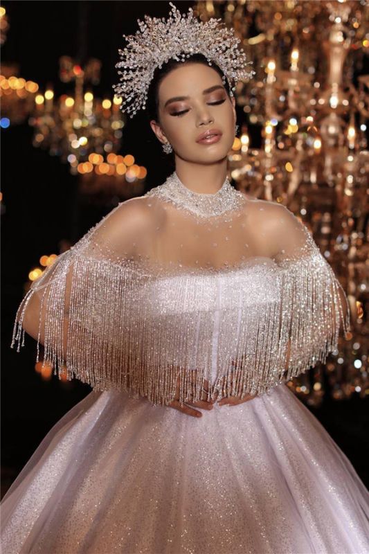 Sheer Tulle Sparkle Beads Pailletten Brautkleider 2021 | High Neck Ballkleid Royal Brautkleider mit Quasten