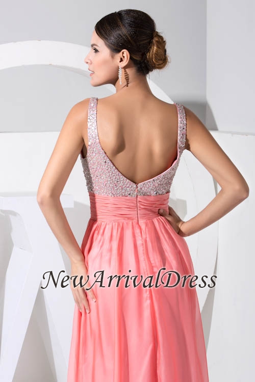 Candy Pink Sequins Mermaid Prom Dresses  Online | V-neck Sleeveless Sexy Long Formal Evening Gowns