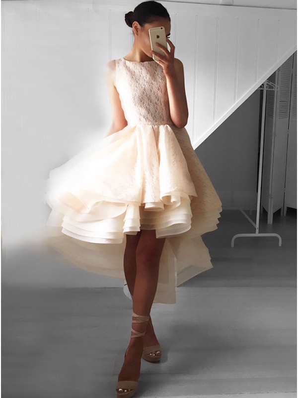 Cute Hi-Lo A-line Lace Sleeveless Jewel Ruffles Prom Dress