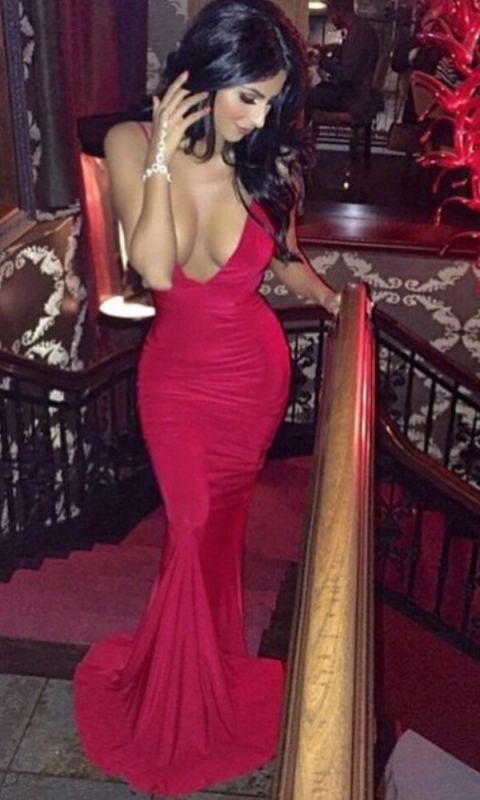 Sexy Red Spaghetti Strap Bodycon V-neck Backless Prom Dress