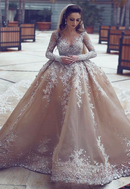 Sparkling Appliques Champagne Ball Gown Wedding Dresses |Luxurious Beads Sequins Long Sleeve Bridal Gowns