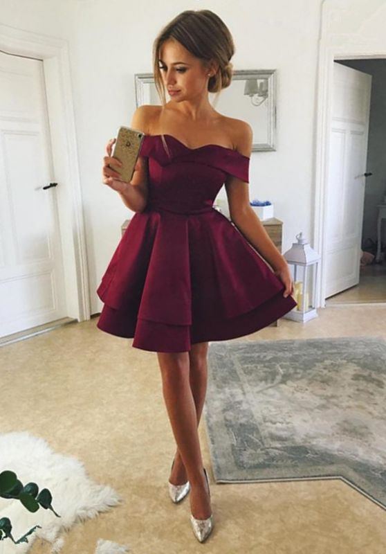 Cute Off-the-shoulder Deep Burgundy Homecoming Dress | Short Party Gown