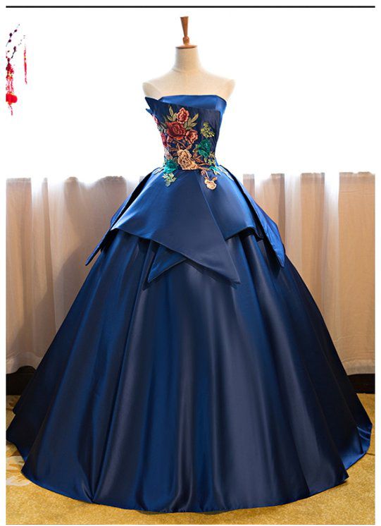 Strapless Peplum Dark-Blue Elegant Puffy Embroidery Long Prom Dresses