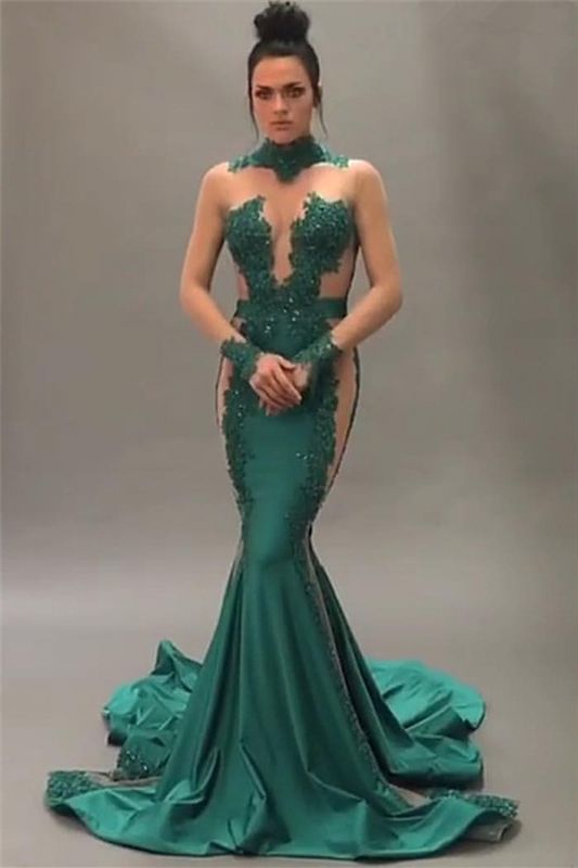 Nude Tulle Beaded Lace Sexy Prom Dresses |Long Sleeve Green  Evening Gown