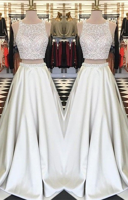 Crystals Gorgeous Custom Made Evening  Gowns | A-line Two Piece Sleeveless Jewel Prom Dresses