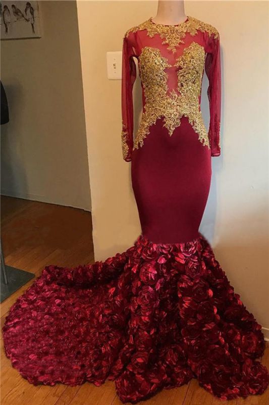 Gold Lace Plus Size Long Prom Dresses   | Long Sleeve Mermaid Burgundy Formal Dresses bc1357